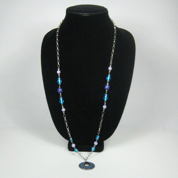 Necklace 32 In Silvetone Chain Pendant Strand Glass Beaded Blue Jewelry Women - Picture 1 of 10